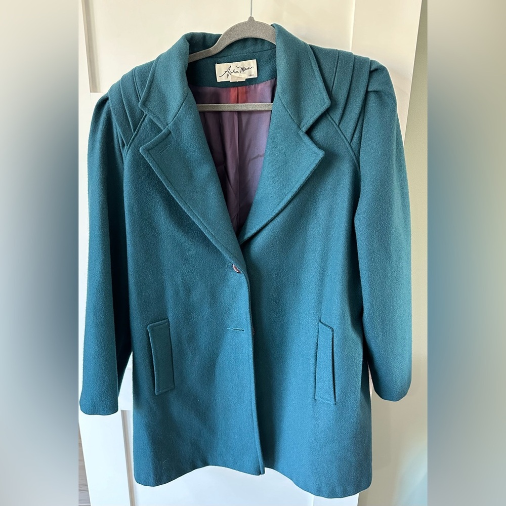 Vintage pea Coat Sz 16 80s Teal Blue mid thigh Wool Blend Winter Jacket